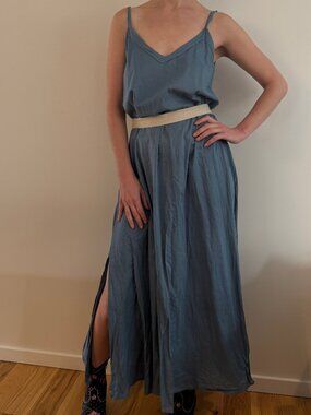Aya Sacred Wear Blue Sleeveless Maxi Dress Slit Flowing Boho Gown 100% Cotton S